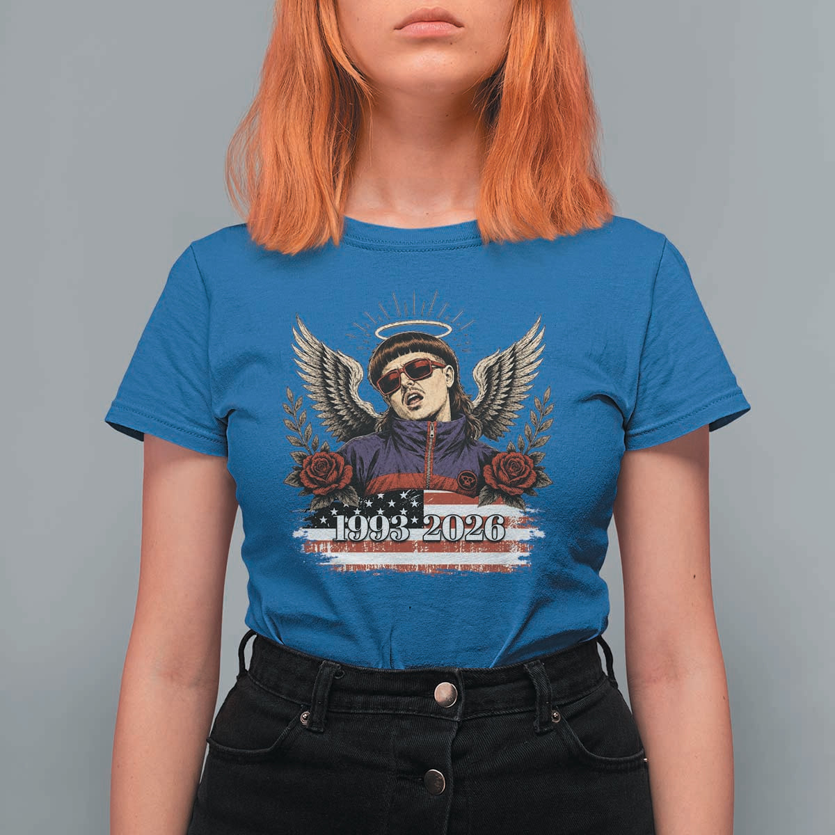 Retro Bowl Cut Music Icon Angel Wings Rest In Peace T Shirt For Women American Flag Memorial 1993 2026 Pop Culture Fan