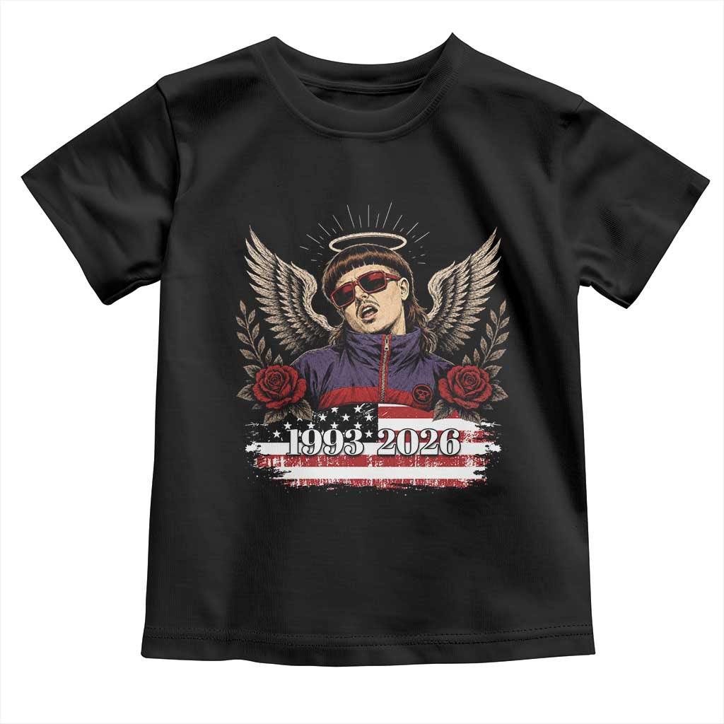 Retro Bowl Cut Music Icon Angel Wings Rest In Peace Toddler T Shirt American Flag Memorial 1993 2026 Pop Culture Fan