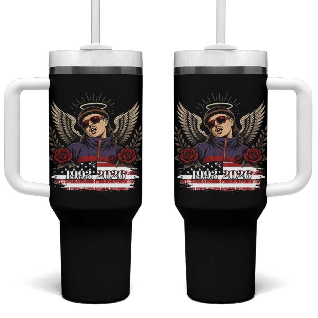 Retro Bowl Cut Music Icon Angel Wings Rest In Peace Tumbler With Handle American Flag Memorial 1993 2026 Pop Culture Fan