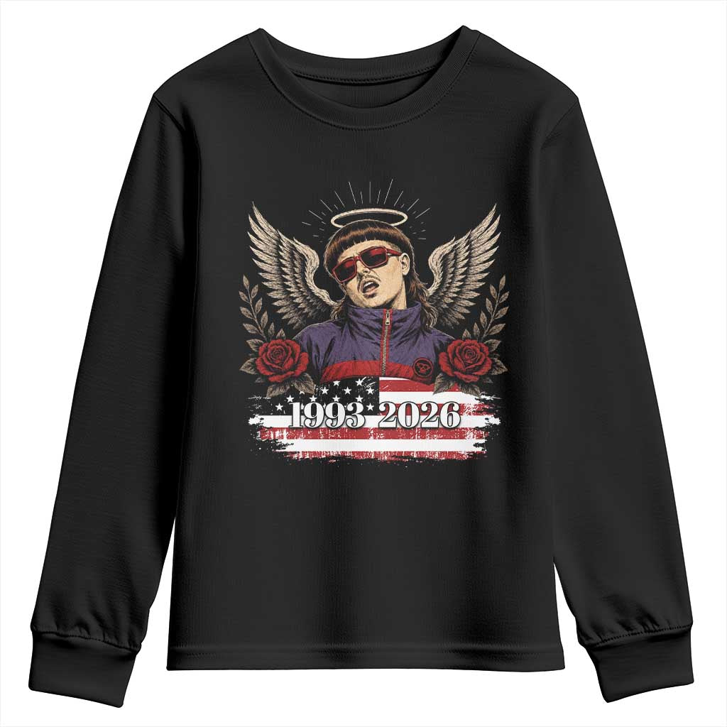 Retro Bowl Cut Music Icon Angel Wings Rest In Peace Youth Sweatshirt American Flag Memorial 1993 2026 Pop Culture Fan