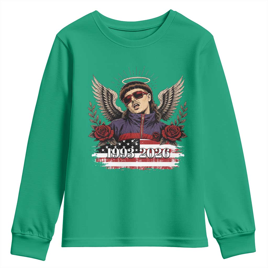 Retro Bowl Cut Music Icon Angel Wings Rest In Peace Youth Sweatshirt American Flag Memorial 1993 2026 Pop Culture Fan