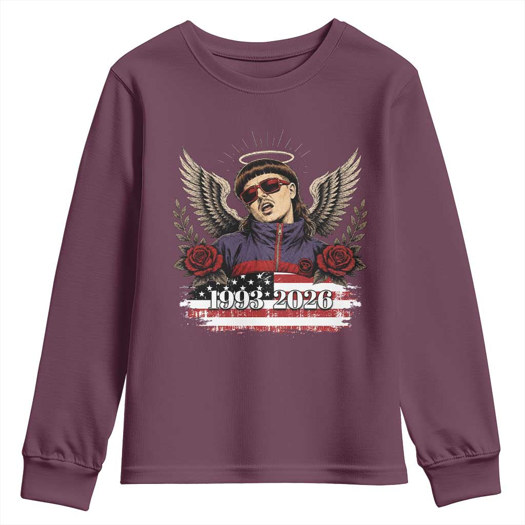 Retro Bowl Cut Music Icon Angel Wings Rest In Peace Youth Sweatshirt American Flag Memorial 1993 2026 Pop Culture Fan