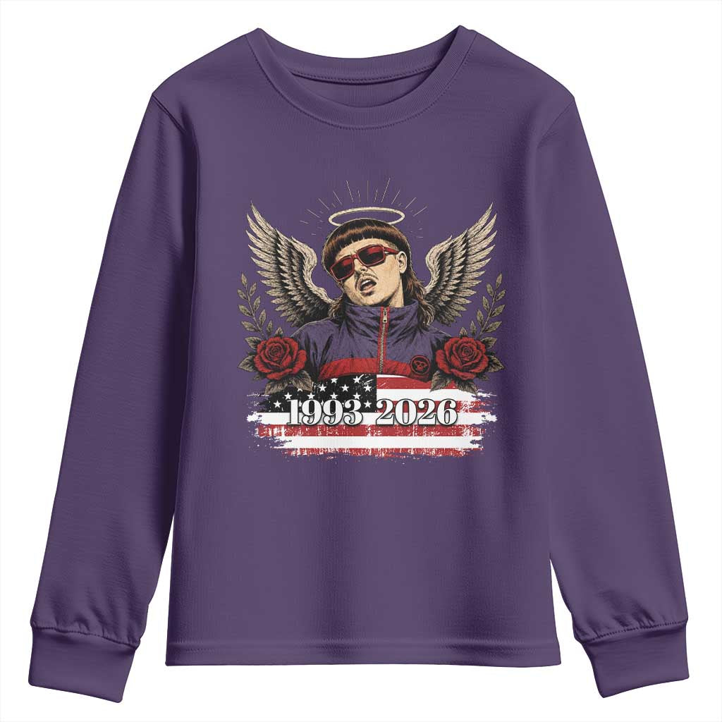 Retro Bowl Cut Music Icon Angel Wings Rest In Peace Youth Sweatshirt American Flag Memorial 1993 2026 Pop Culture Fan