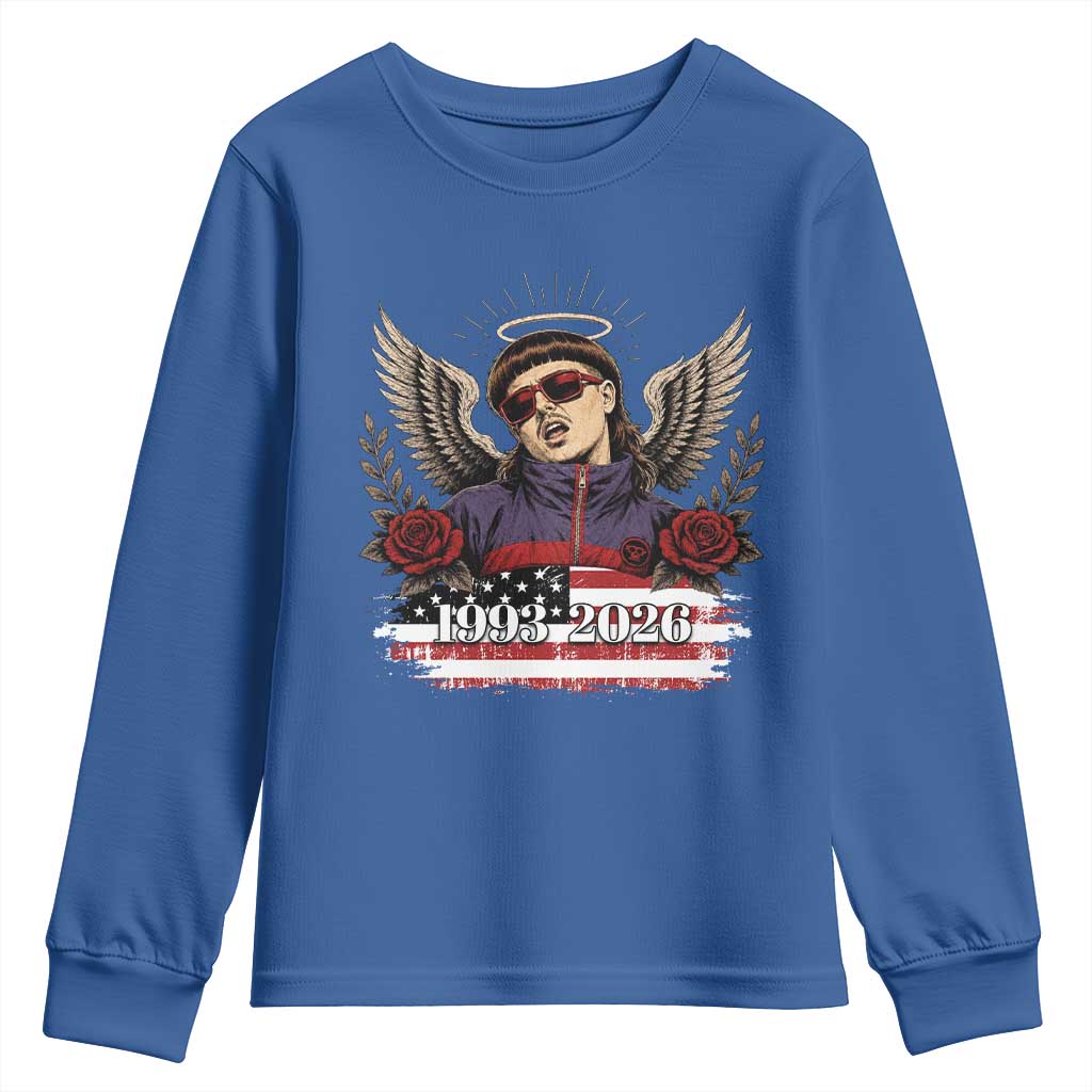 Retro Bowl Cut Music Icon Angel Wings Rest In Peace Youth Sweatshirt American Flag Memorial 1993 2026 Pop Culture Fan