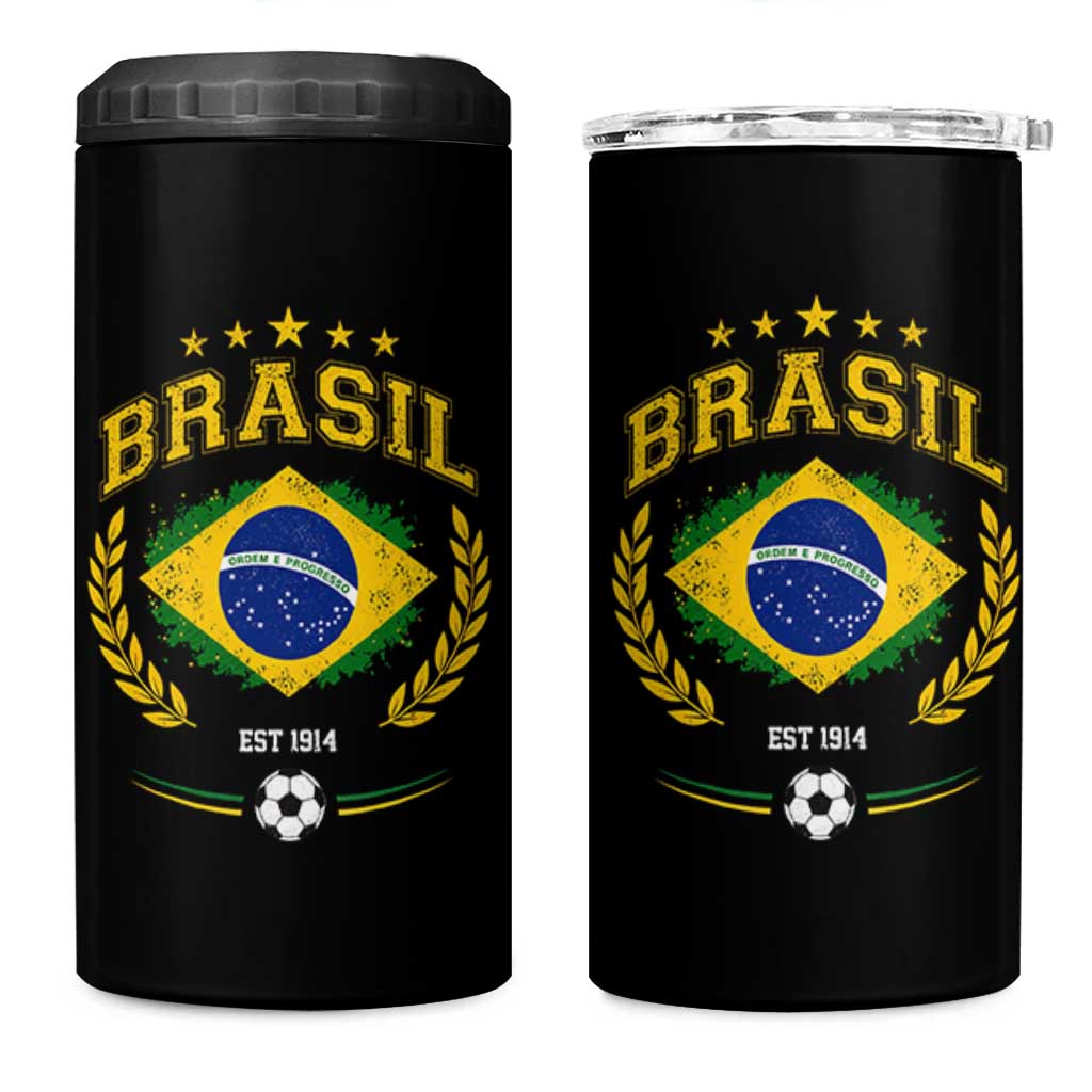 Retro Brasil Soccer Pride Crest Est 1914 4 in 1 Can Cooler Tumbler Vintage Brazil Flag Futbol Lover Football Fans