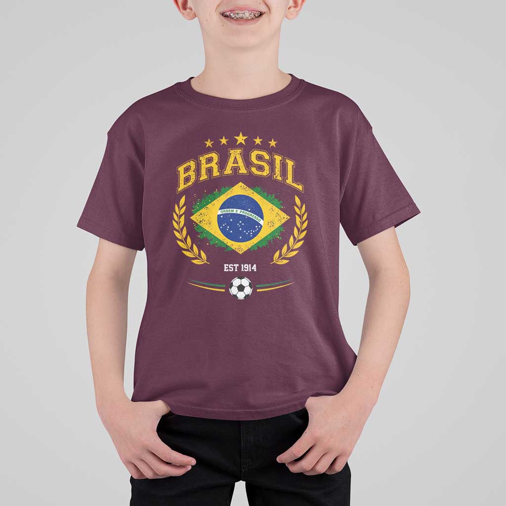 Retro Brasil Soccer Pride Crest Est 1914 T Shirt For Kid Vintage Brazil Flag Futbol Lover Football Fans