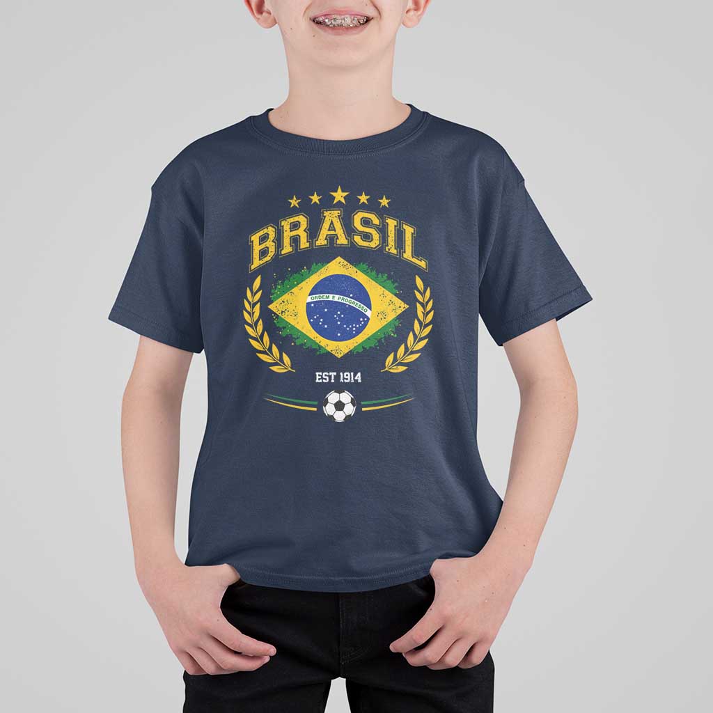 Retro Brasil Soccer Pride Crest Est 1914 T Shirt For Kid Vintage Brazil Flag Futbol Lover Football Fans