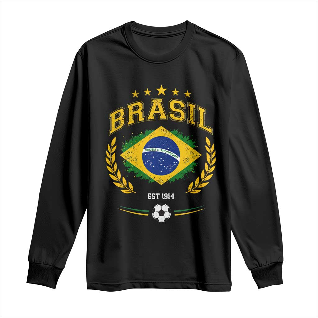 Retro Brasil Soccer Pride Crest Est 1914 Long Sleeve Shirt Vintage Brazil Flag Futbol Lover Football Fans