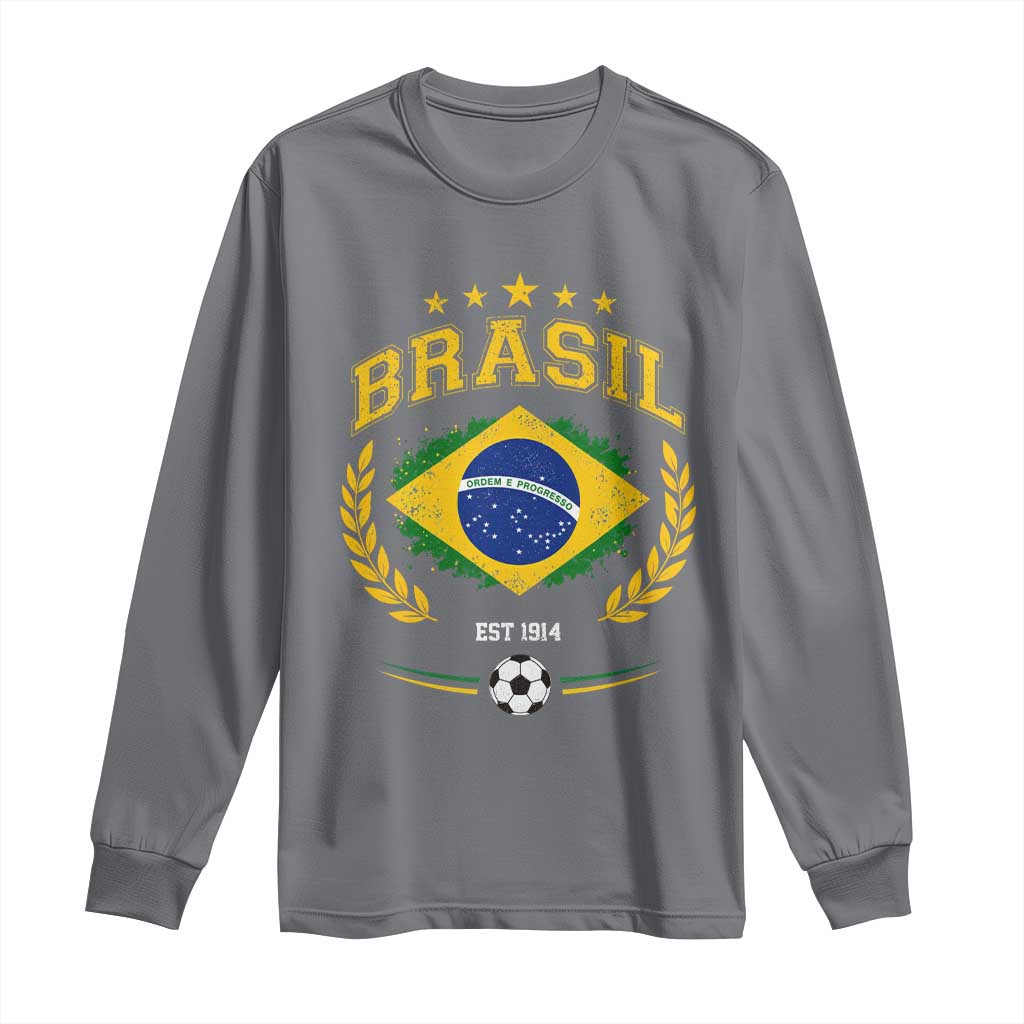 Retro Brasil Soccer Pride Crest Est 1914 Long Sleeve Shirt Vintage Brazil Flag Futbol Lover Football Fans
