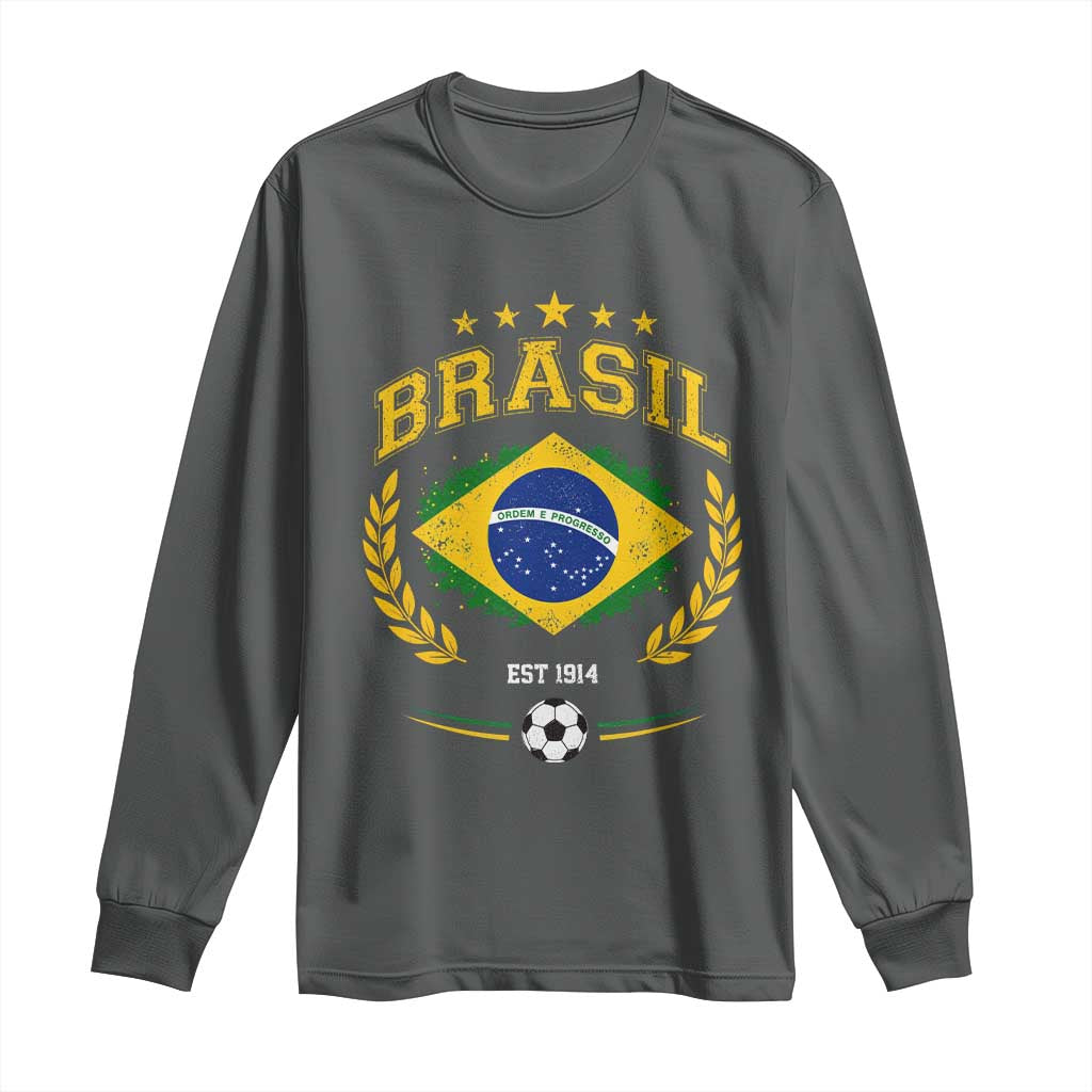 Retro Brasil Soccer Pride Crest Est 1914 Long Sleeve Shirt Vintage Brazil Flag Futbol Lover Football Fans
