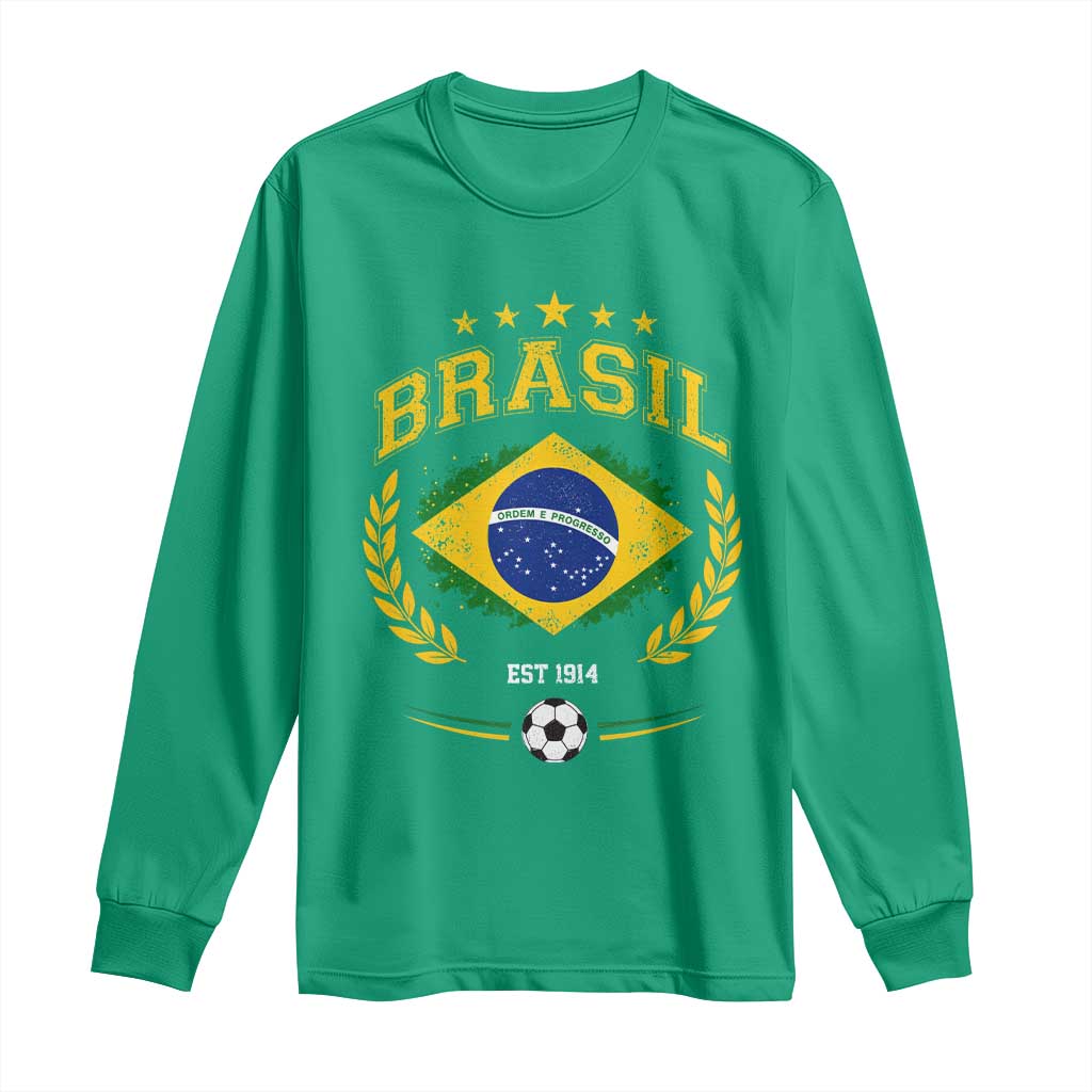 Retro Brasil Soccer Pride Crest Est 1914 Long Sleeve Shirt Vintage Brazil Flag Futbol Lover Football Fans