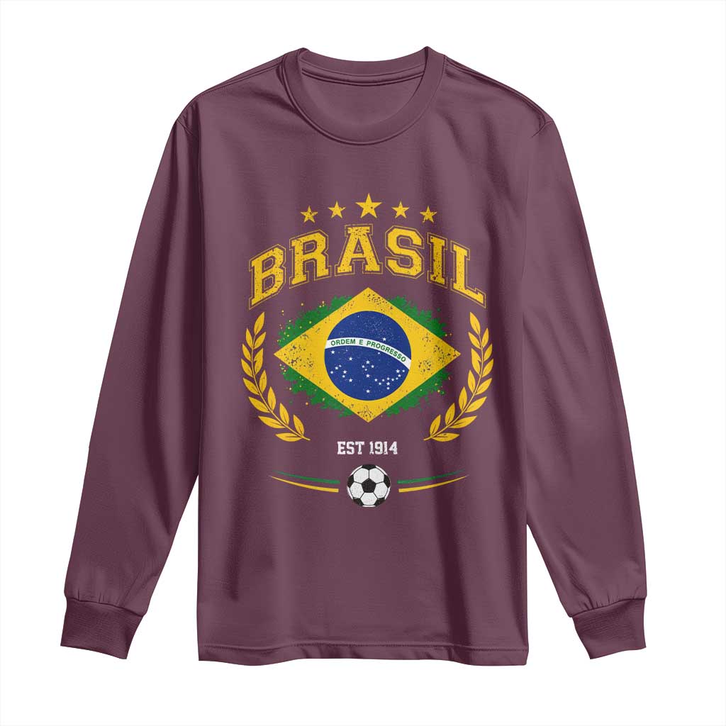 Retro Brasil Soccer Pride Crest Est 1914 Long Sleeve Shirt Vintage Brazil Flag Futbol Lover Football Fans