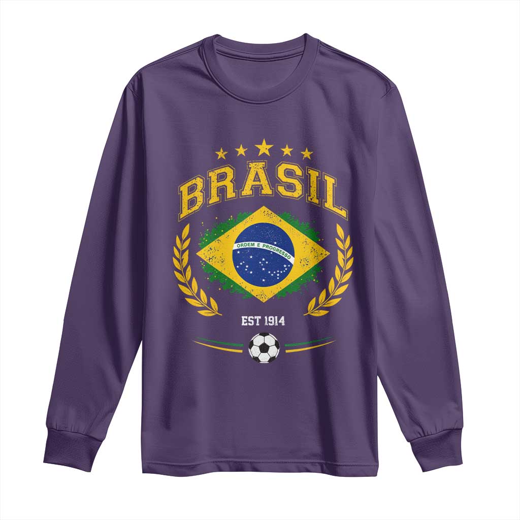 Retro Brasil Soccer Pride Crest Est 1914 Long Sleeve Shirt Vintage Brazil Flag Futbol Lover Football Fans