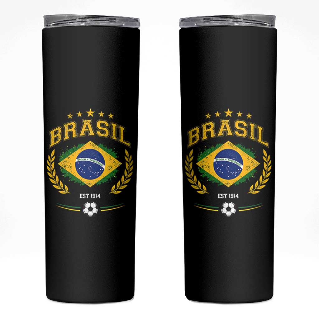 Retro Brasil Soccer Pride Crest Est 1914 Skinny Tumbler Vintage Brazil Flag Futbol Lover Football Fans
