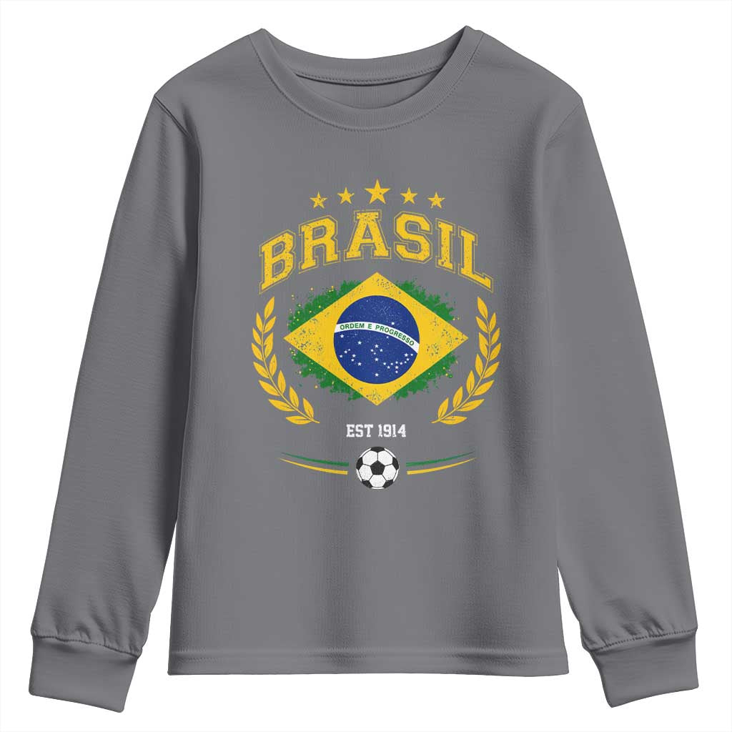 Retro Brasil Soccer Pride Crest Est 1914 Youth Sweatshirt Vintage Brazil Flag Futbol Lover Football Fans
