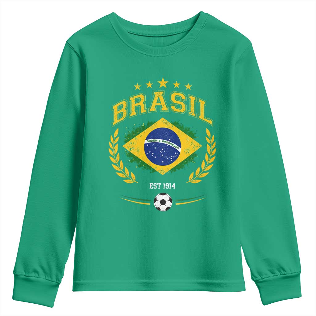 Retro Brasil Soccer Pride Crest Est 1914 Youth Sweatshirt Vintage Brazil Flag Futbol Lover Football Fans