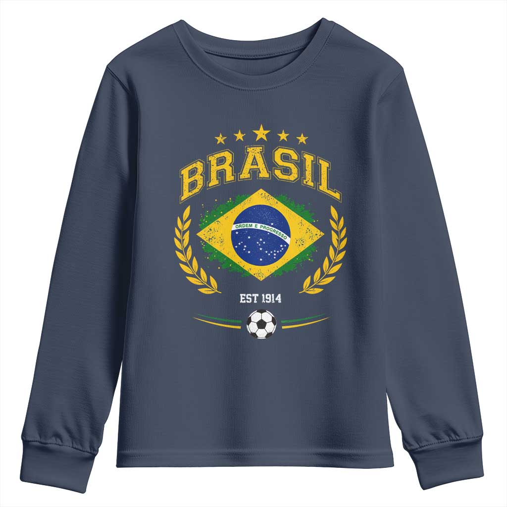 Retro Brasil Soccer Pride Crest Est 1914 Youth Sweatshirt Vintage Brazil Flag Futbol Lover Football Fans