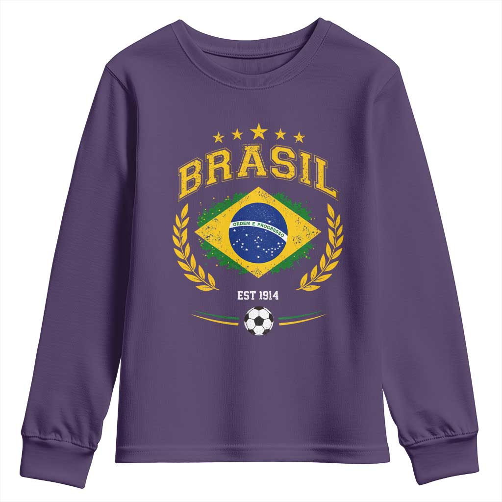 Retro Brasil Soccer Pride Crest Est 1914 Youth Sweatshirt Vintage Brazil Flag Futbol Lover Football Fans
