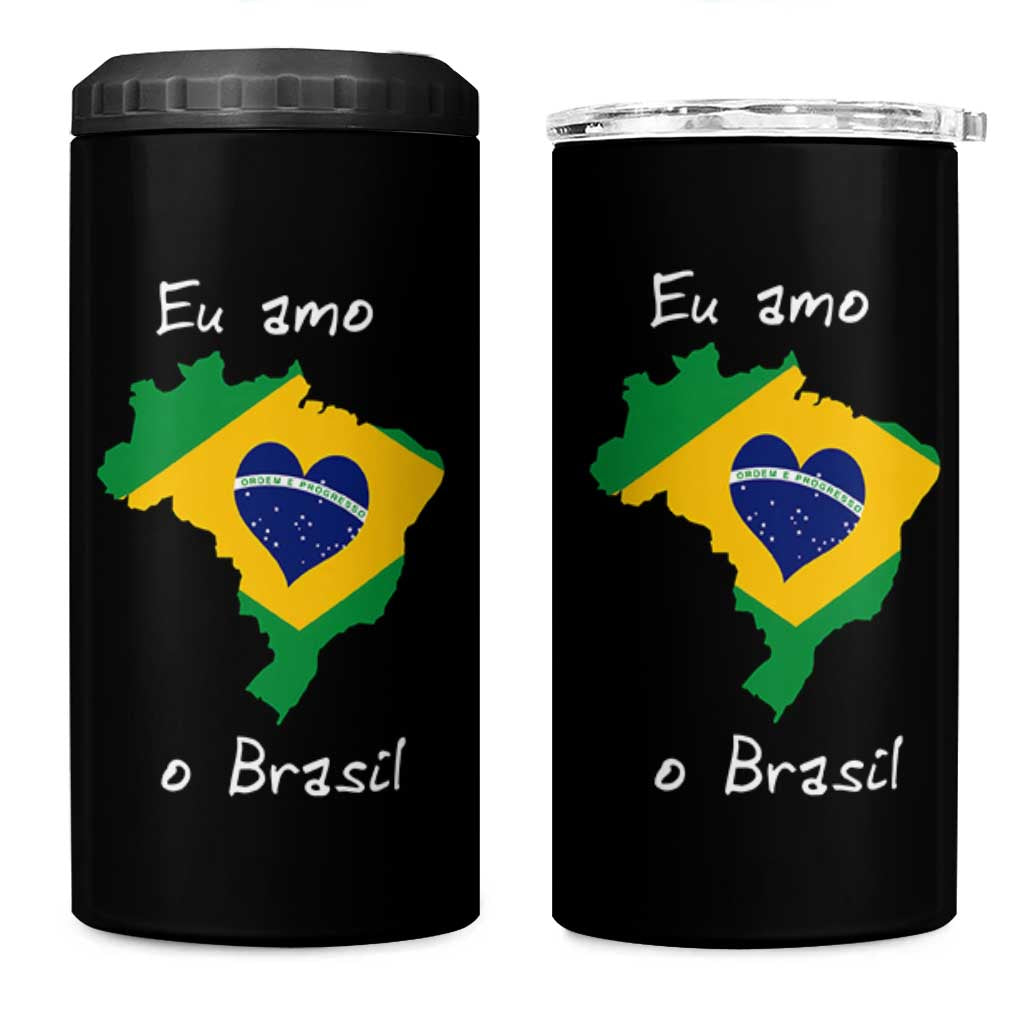 Eu Amo O Brasil Flag Map 4 in 1 Can Cooler Tumbler I Love Brazil Patriotic Heart Brazilian Pride