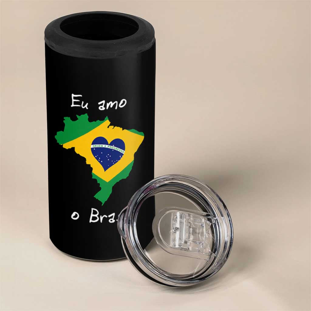 Eu Amo O Brasil Flag Map 4 in 1 Can Cooler Tumbler I Love Brazil Patriotic Heart Brazilian Pride