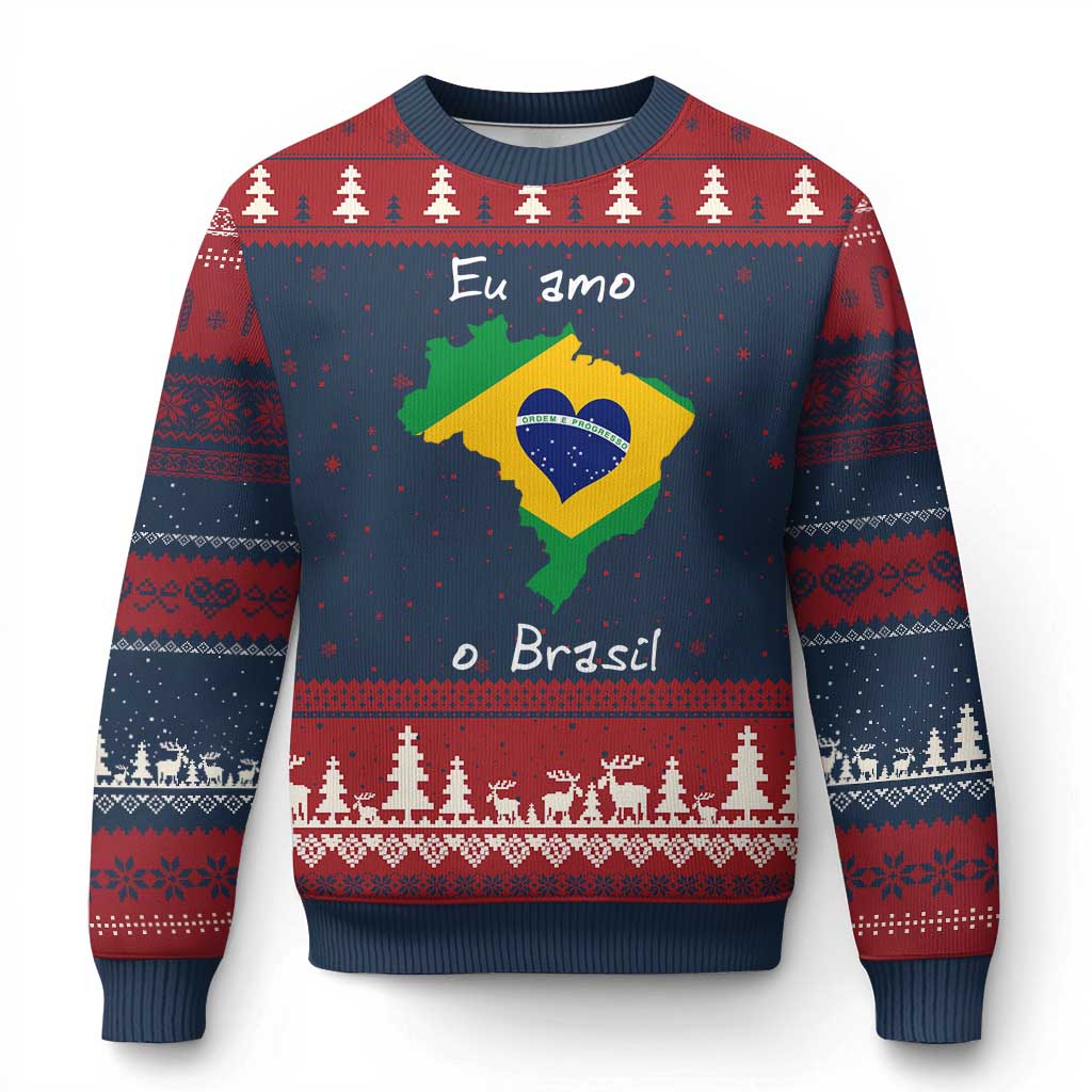 Eu Amo O Brasil Flag Map Ugly Christmas Sweater I Love Brazil Patriotic Heart Brazilian Pride