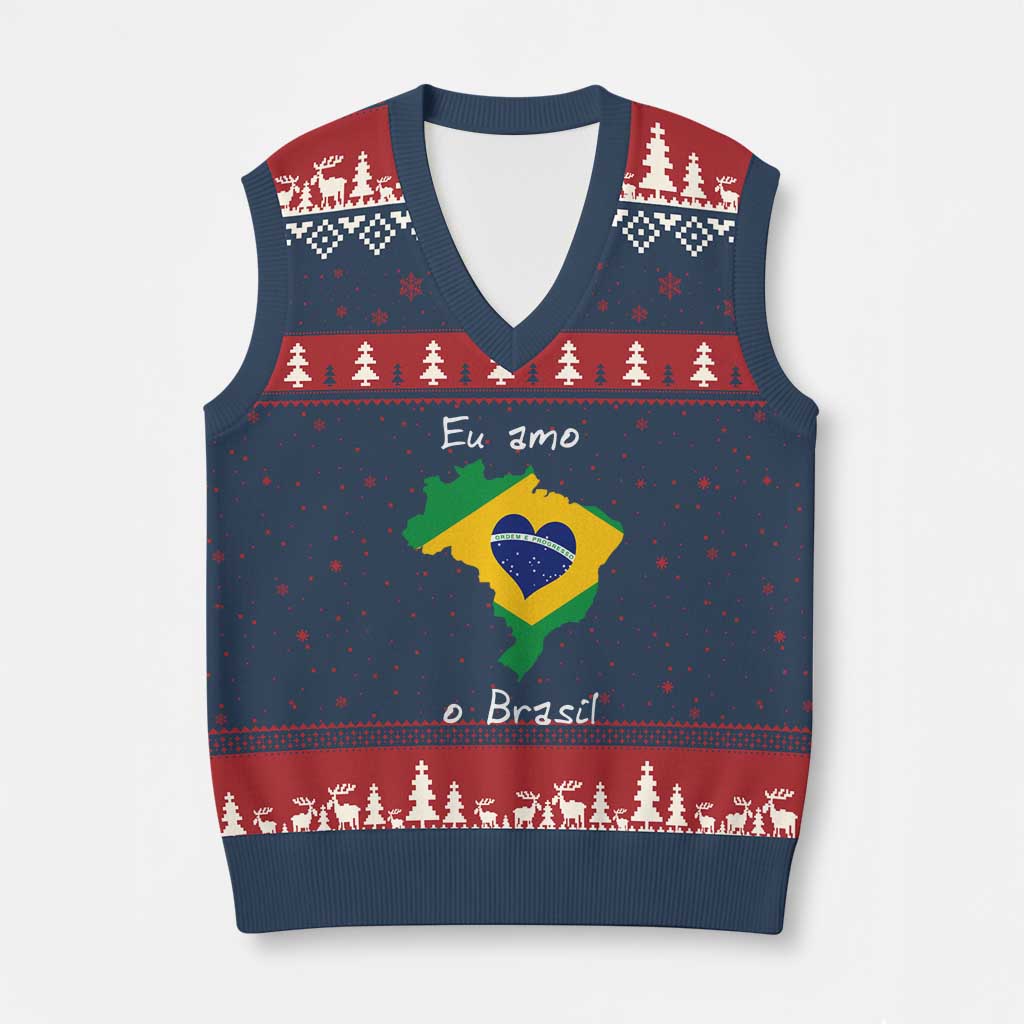 Eu Amo O Brasil Flag Map V-Neck Knit Sweater Vest I Love Brazil Patriotic Heart Brazilian Pride