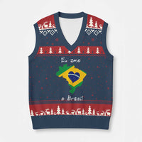 Eu Amo O Brasil Flag Map V-Neck Knit Sweater Vest I Love Brazil Patriotic Heart Brazilian Pride