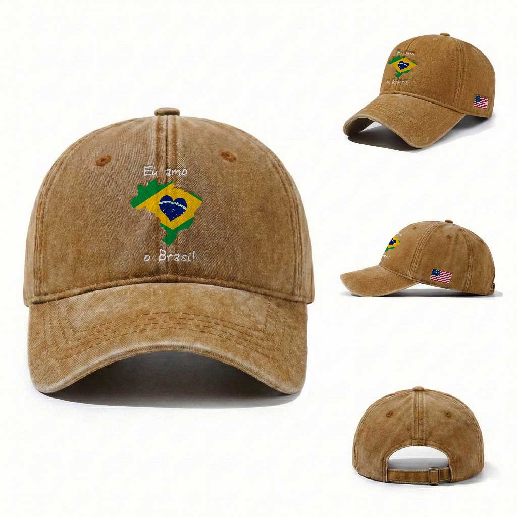 Eu Amo O Brasil Flag Map Washed Cotton Baseball Cap I Love Brazil Patriotic Heart Brazilian Pride