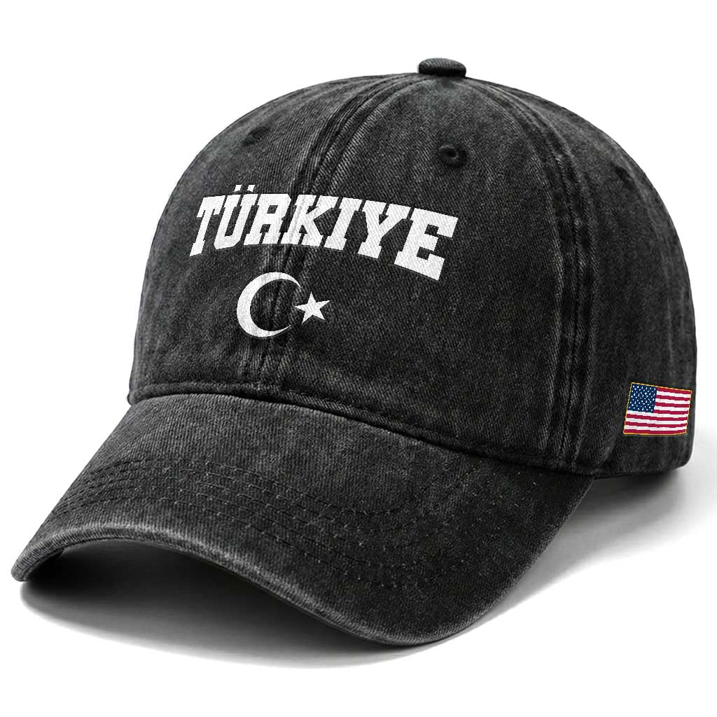 Vintage Proud Türkiye Flag Crescent and Star Washed Cotton Baseball Cap Patriotic Turkish Turkey Heritage Pride