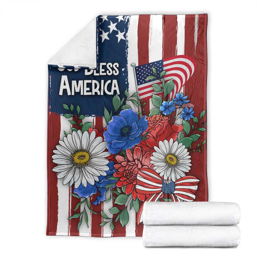 God Bless America Patriotic Floral Throw Blanket Red White Blue Daisy Bouquet 4th of July Independence Day Celebration