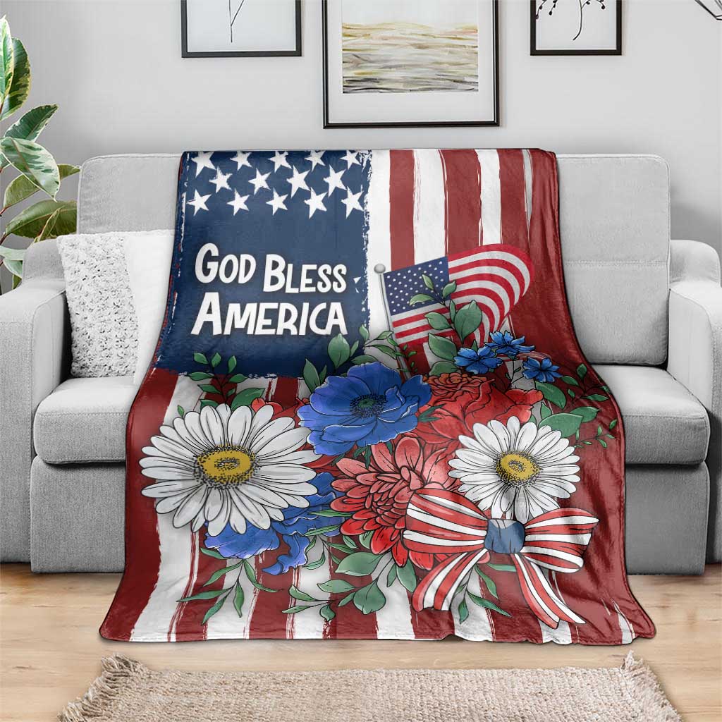 God Bless America Patriotic Floral Throw Blanket Red White Blue Daisy Bouquet 4th of July Independence Day Celebration