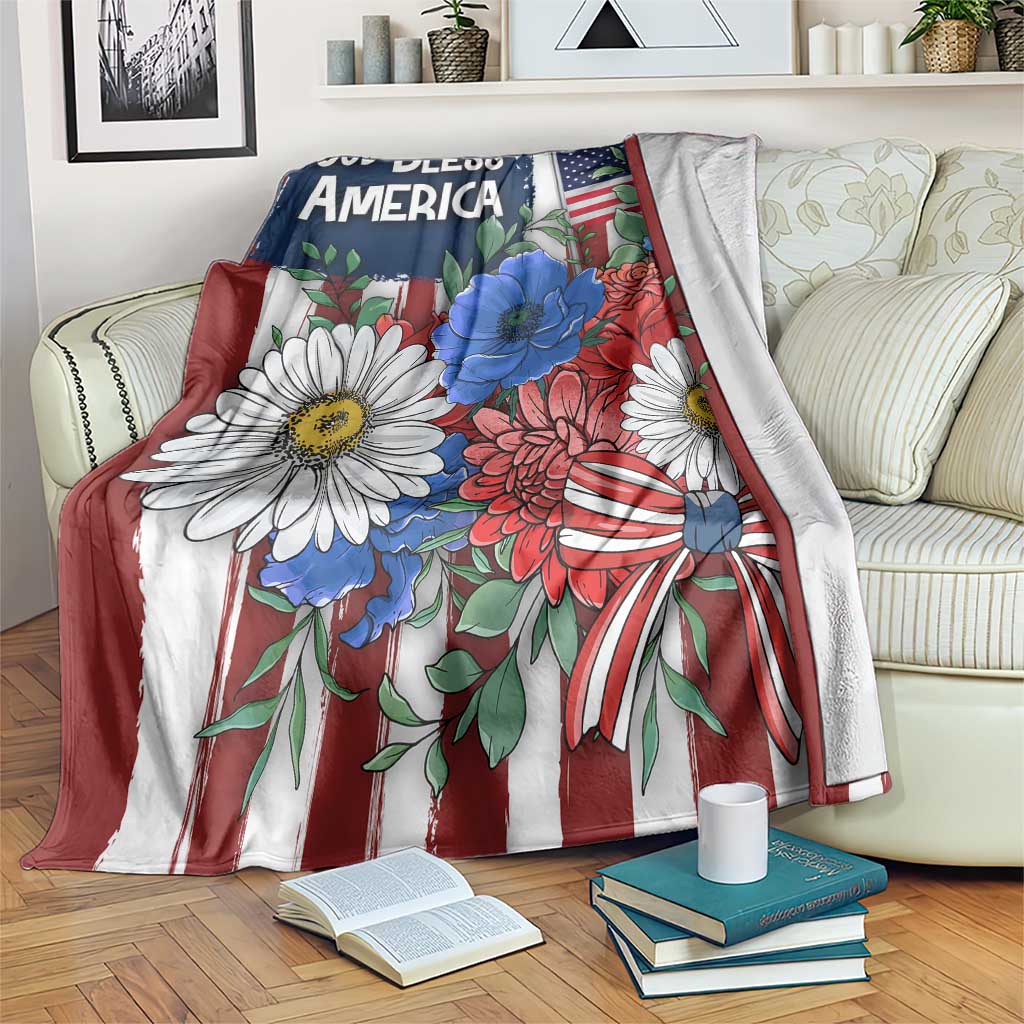 God Bless America Patriotic Floral Throw Blanket Red White Blue Daisy Bouquet 4th of July Independence Day Celebration