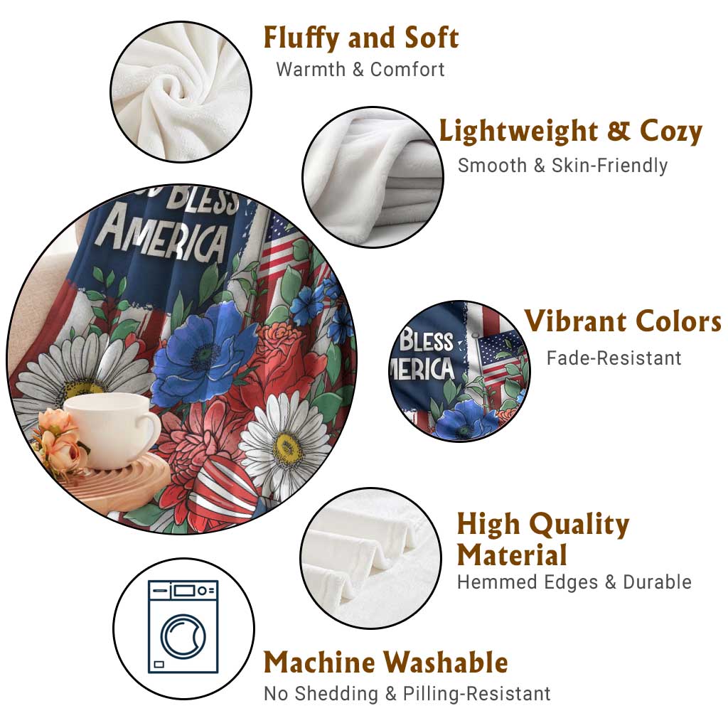 God Bless America Patriotic Floral Throw Blanket Red White Blue Daisy Bouquet 4th of July Independence Day Celebration