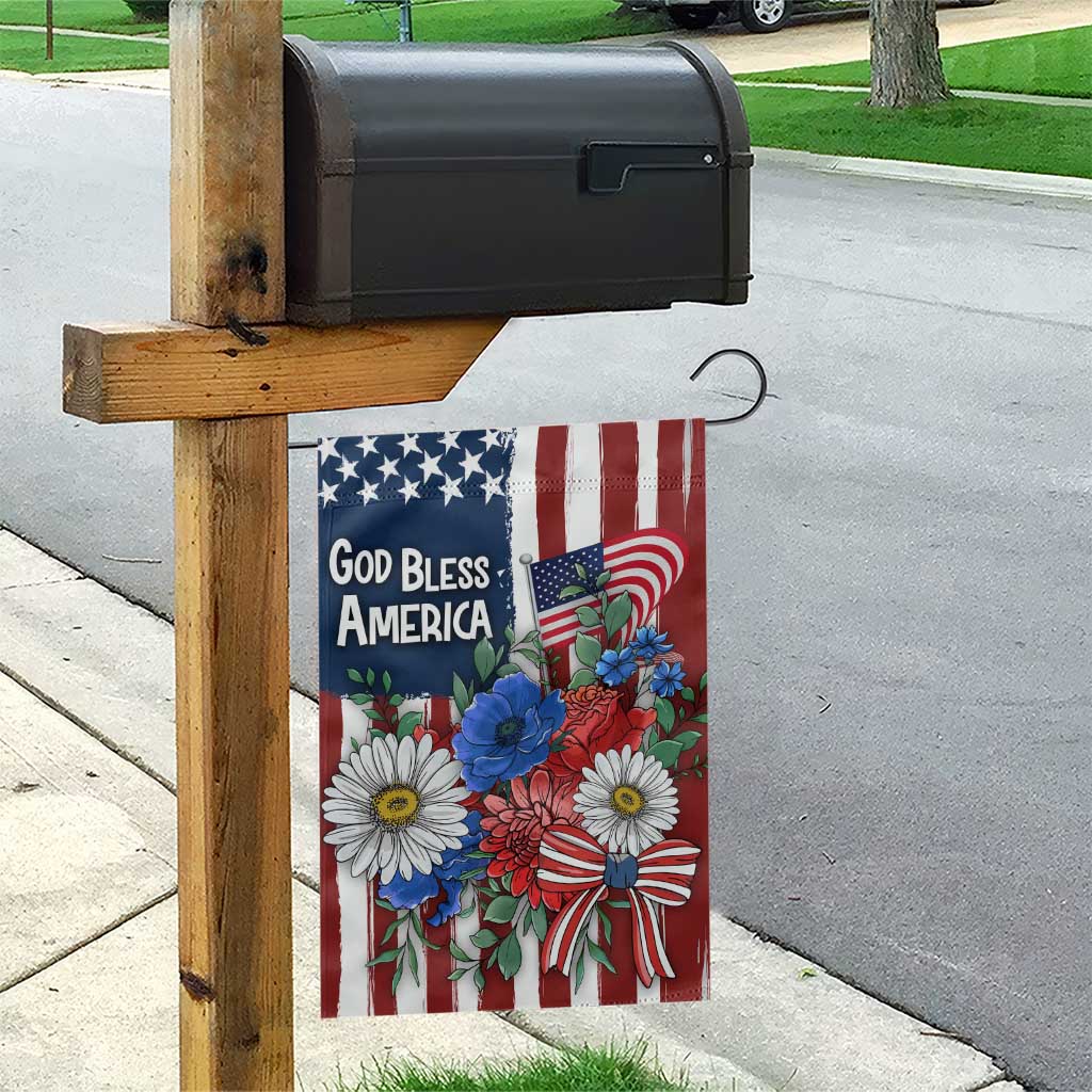 God Bless America Patriotic Floral Garden Flag Red White Blue Daisy Bouquet 4th of July Independence Day Celebration