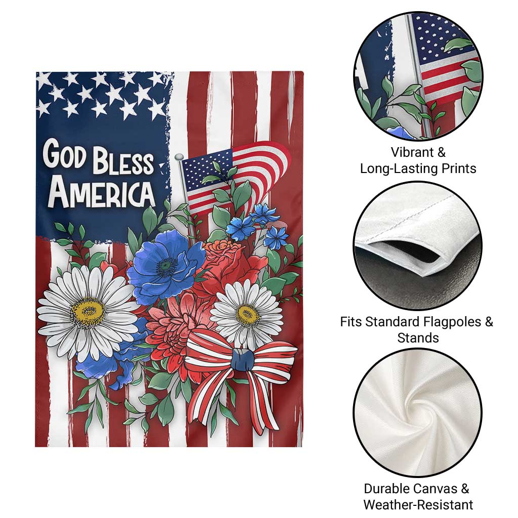 God Bless America Patriotic Floral Garden Flag Red White Blue Daisy Bouquet 4th of July Independence Day Celebration