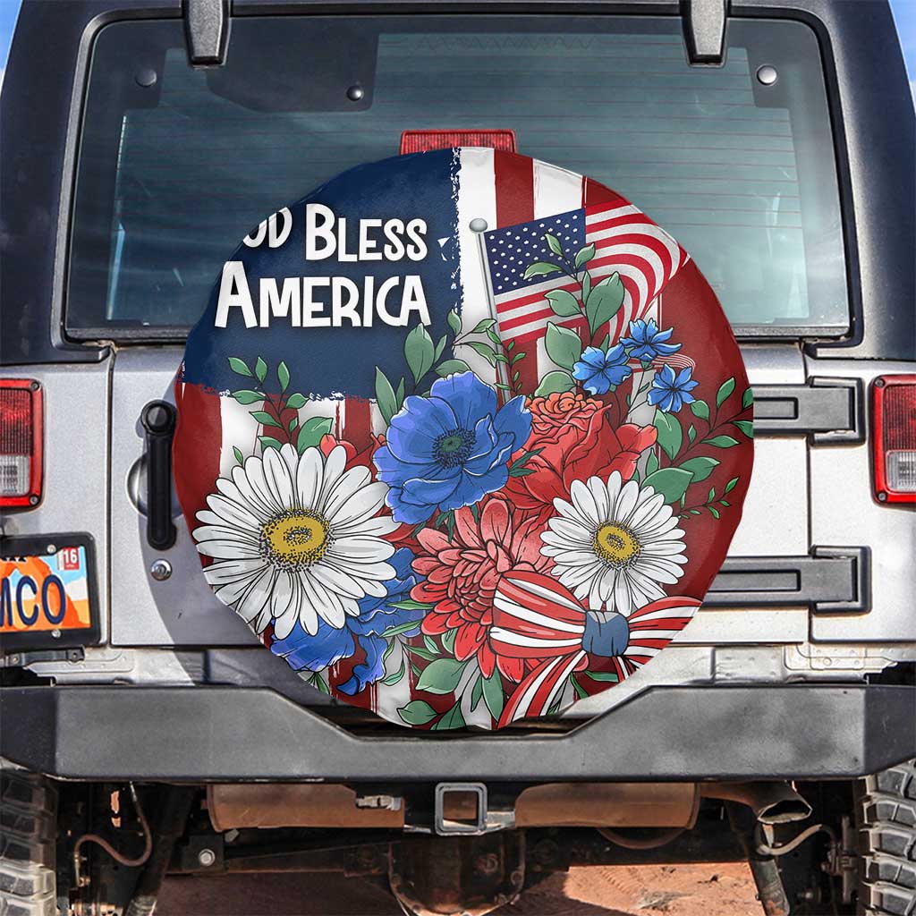 God Bless America Patriotic Floral Spare Tire Cover Red White Blue Daisy Bouquet 4th of July Independence Day Celebration