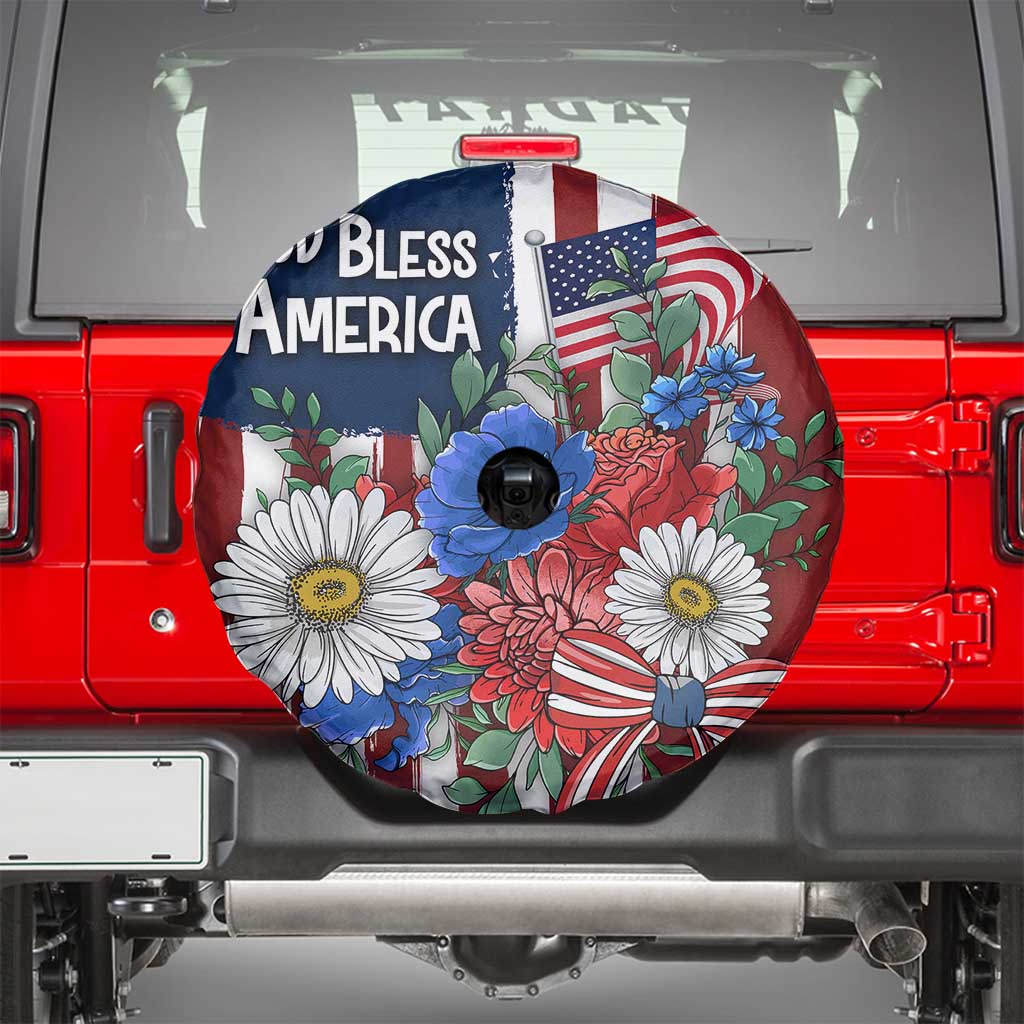 God Bless America Patriotic Floral Spare Tire Cover Red White Blue Daisy Bouquet 4th of July Independence Day Celebration