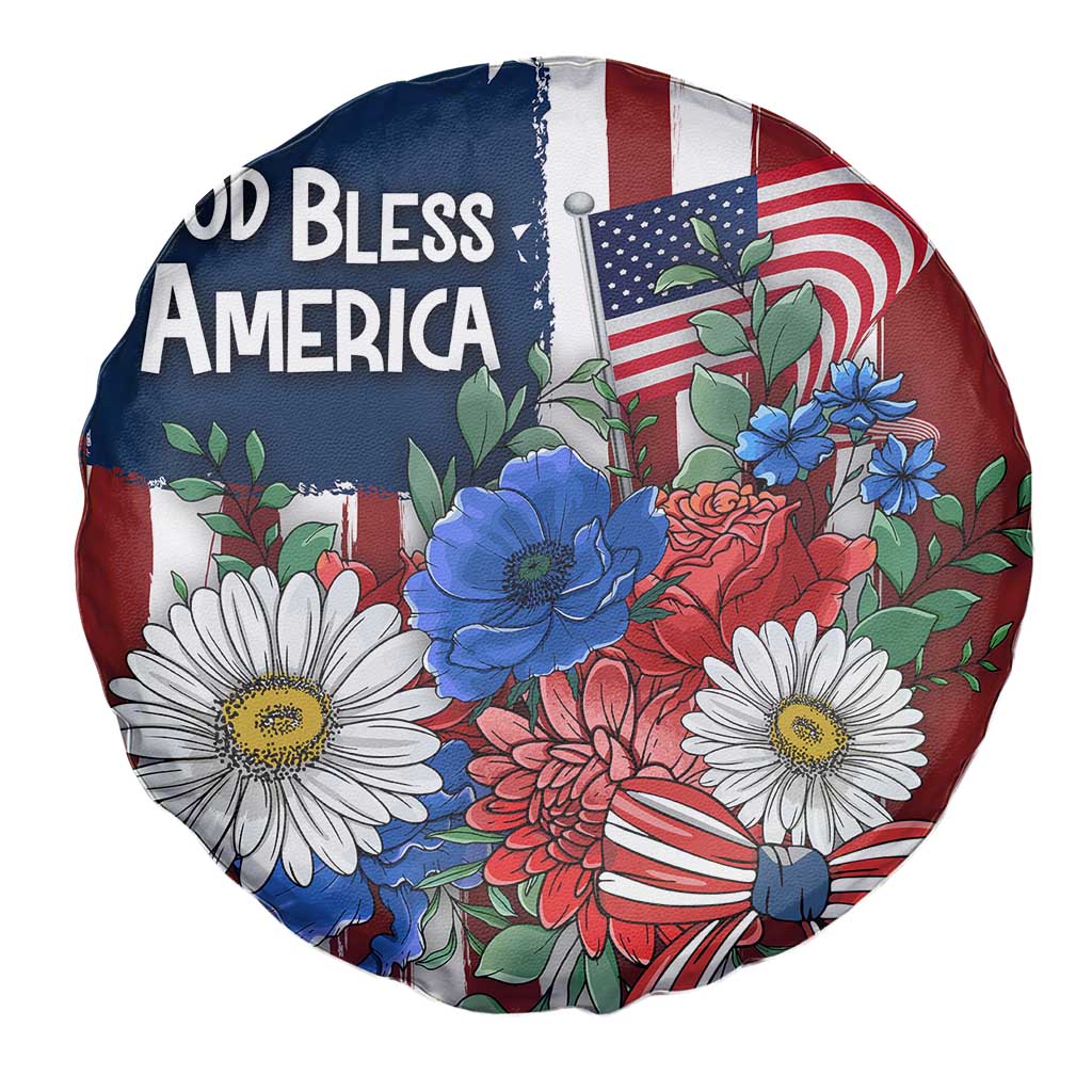 God Bless America Patriotic Floral Spare Tire Cover Red White Blue Daisy Bouquet 4th of July Independence Day Celebration