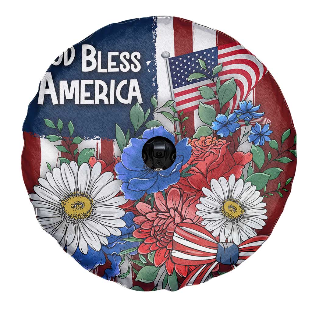 God Bless America Patriotic Floral Spare Tire Cover Red White Blue Daisy Bouquet 4th of July Independence Day Celebration