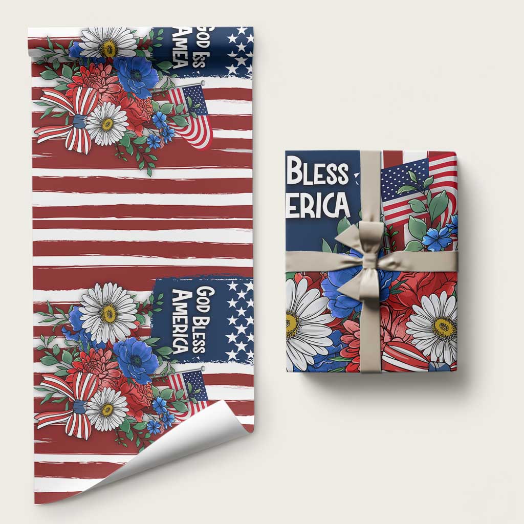 God Bless America Patriotic Floral Wrapping Paper Roll Red White Blue Daisy Bouquet 4th of July Independence Day Celebration