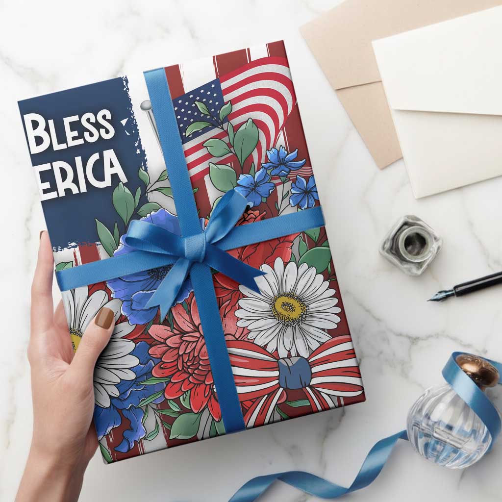 God Bless America Patriotic Floral Wrapping Paper Roll Red White Blue Daisy Bouquet 4th of July Independence Day Celebration