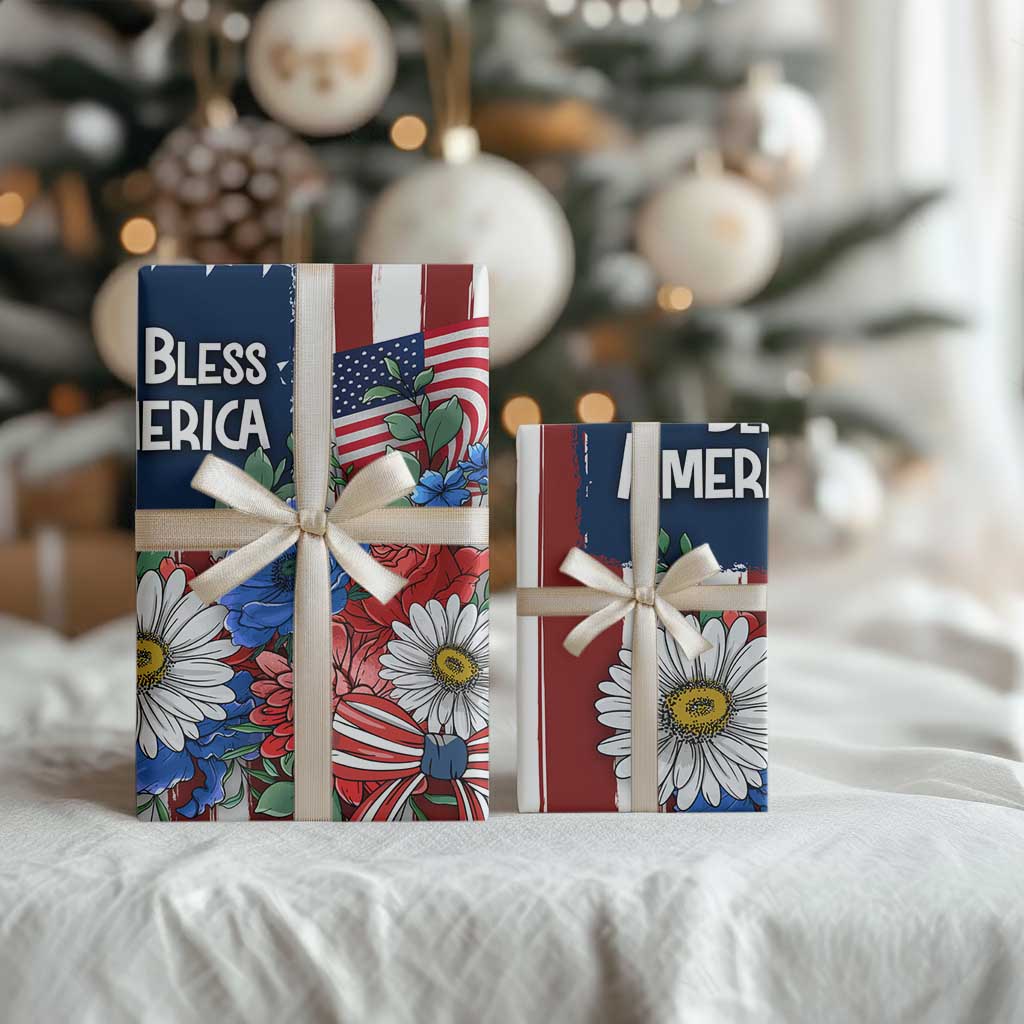 God Bless America Patriotic Floral Wrapping Paper Roll Red White Blue Daisy Bouquet 4th of July Independence Day Celebration