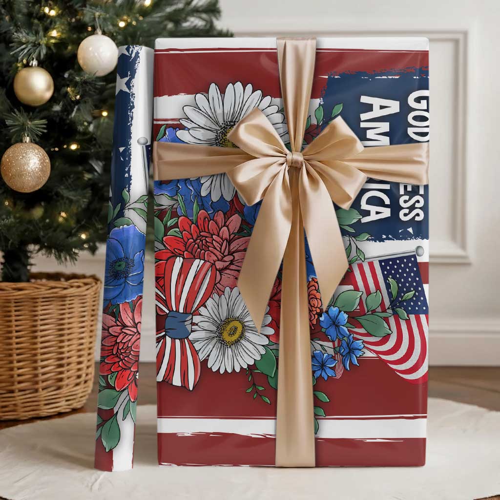 God Bless America Patriotic Floral Wrapping Paper Roll Red White Blue Daisy Bouquet 4th of July Independence Day Celebration