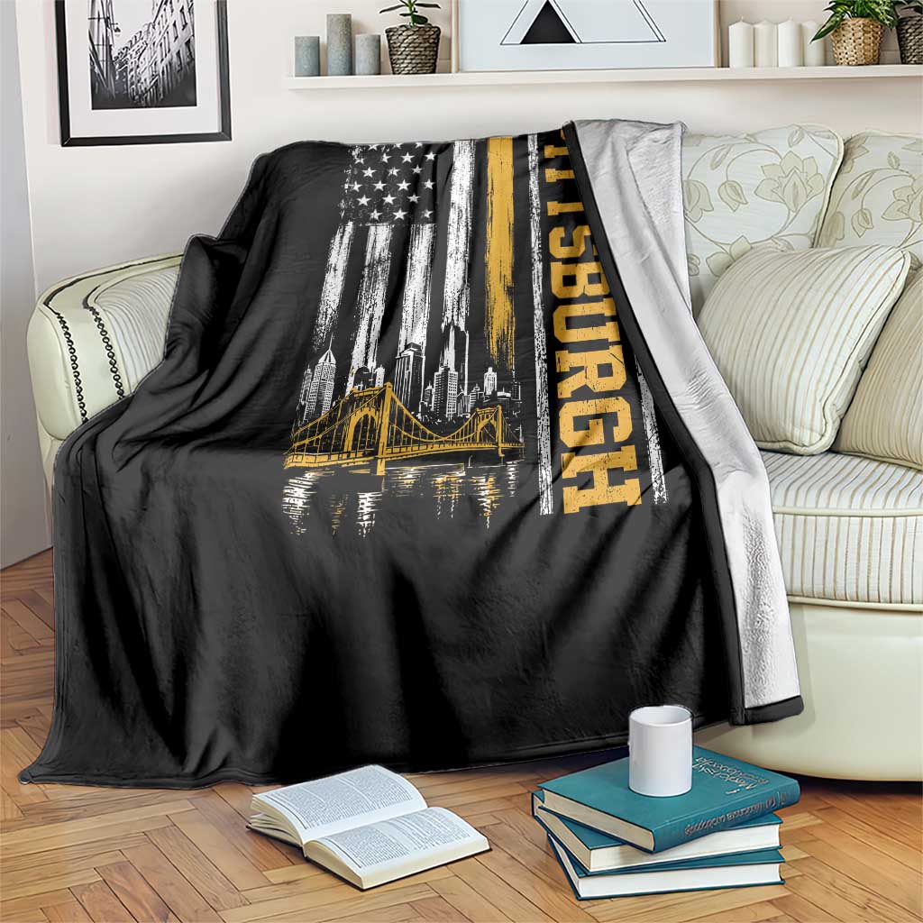 Pittsburgh City Skyline Roberto Clemente Bridge Graphic Throw Blanket American Flag Yellow Bridge City Hometown Pride