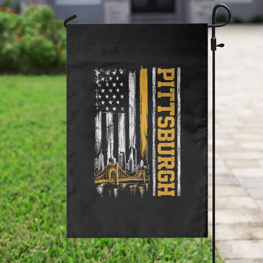Pittsburgh City Skyline Roberto Clemente Bridge Graphic Garden Flag American Flag Yellow Bridge City Hometown Pride
