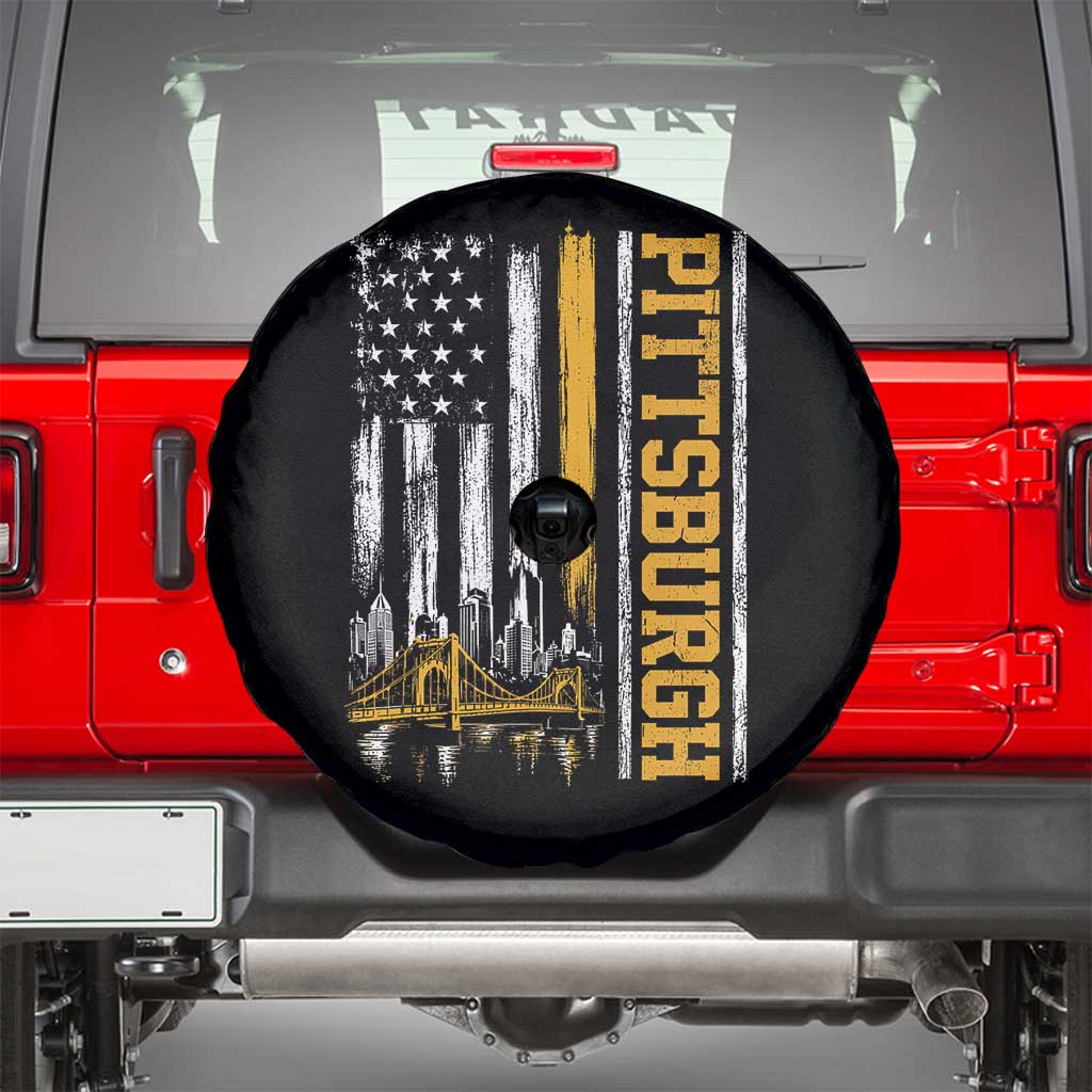 Pittsburgh City Skyline Roberto Clemente Bridge Graphic Spare Tire Cover American Flag Yellow Bridge City Hometown Pride