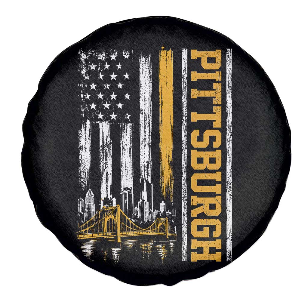 Pittsburgh City Skyline Roberto Clemente Bridge Graphic Spare Tire Cover American Flag Yellow Bridge City Hometown Pride