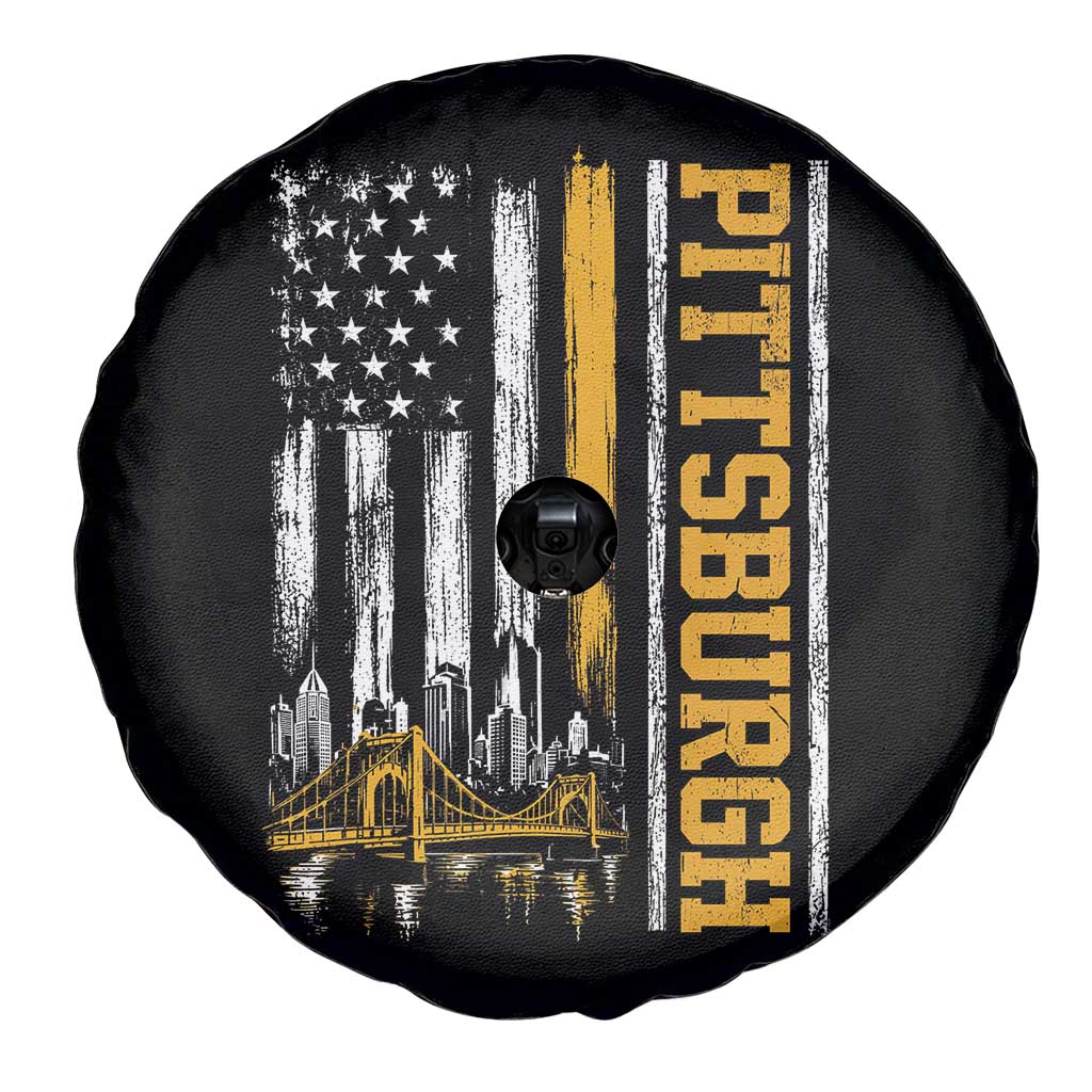 Pittsburgh City Skyline Roberto Clemente Bridge Graphic Spare Tire Cover American Flag Yellow Bridge City Hometown Pride
