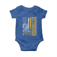 Pittsburgh City Skyline Roberto Clemente Bridge Graphic Baby Onesie American Flag Yellow Bridge City Hometown Pride