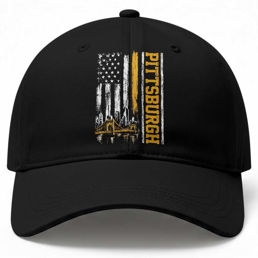 Pittsburgh City Skyline Roberto Clemente Bridge Graphic Baseball Cap American Flag Yellow Bridge City Hometown Pride